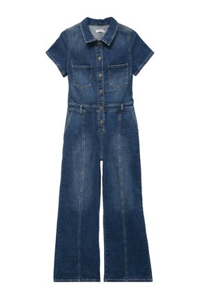 Kombinezon z krótkim rękawem z ciemnoniebieskiego denimu, z przodu zapinany na guziki, z dwoma kieszeniami na piersiach, szerokimi nogawkami i szlufkami na pasek.