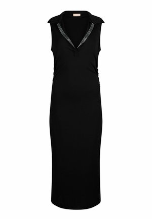 Robe noire sans manches avec col, ornée d'un accent de perles le long de l'encolure. Confectionnée en tissu extensible, avec une silhouette ajustée.