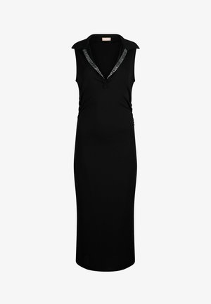 Robe noire sans manches avec col, ornée d'un accent de perles le long de l'encolure. Confectionnée en tissu extensible, avec une silhouette ajustée.