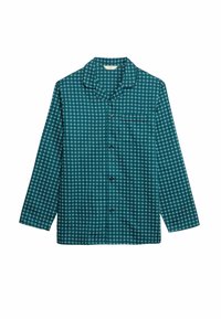 Turkusowa koszula z długim rękawem zapinana na guziki, z białym okrągłym wzorem w siatkę oraz jedną kieszenią na piersi z ciemnym obszyciem wzdłuż kołnierza i krawędzi kieszeni.