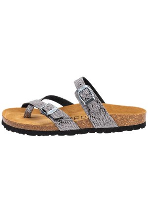 Sandal med metallic slangeprint stropper og sølv spænde detaljer. Korkfodbed med en struktureret sort gummisål.