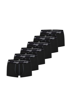 Seks sorte boxershorts til mænd med grå syninger og "sloggi"-logo på den elastiske taljebånd, arrangeret i en diagonal række.