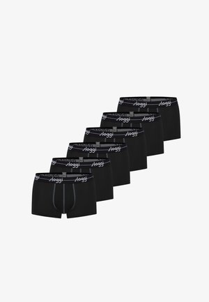 Zes zwarte boxershorts voor mannen met grijze stiksels en het "sloggi"-logo op de elastische tailleband, gerangschikt in een schuine rij.