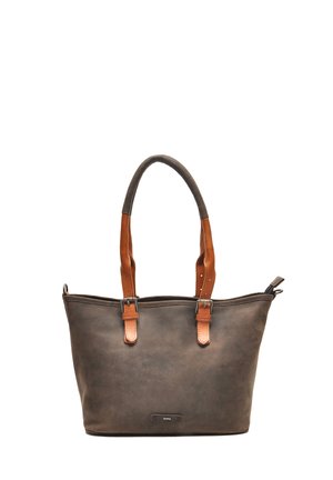 Leren tote bag met een donkergrijze body en bruine leren handvatten. Voorzien van een ritsluiting en metalen accenten. Glad oppervlak.