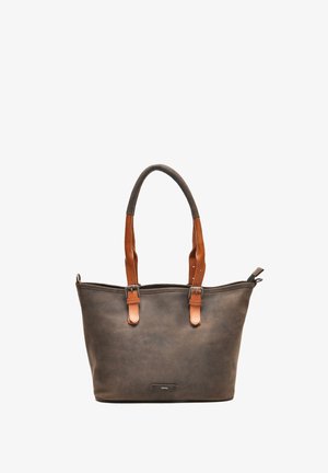 Leren tote bag met een donkergrijze body en bruine leren handvatten. Voorzien van een ritsluiting en metalen accenten. Glad oppervlak.