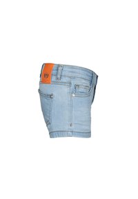 Shorts in denim azzurro chiaro con orlo arrotolato, etichetta in pelle arancione alla vita e design a cinque tasche con cuciture a contrasto.