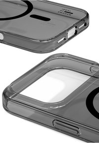 Transparent grå telefonetui med avrundede kanter, utskjæringer for knapper, kamera og ladeport, med en svart rund logo.