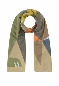 Écharpe avec motif géométrique aux tons verts, jaunes, marron, orange, bleu et beige, pliée en boucle sur fond blanc.