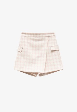 Lichtroze geruite shorts gemaakt van een textuurstof. Voorzien van een hoge tailleband en twee voorzakken met kleppen. Korte lengte en een ontspannen pasvorm.
