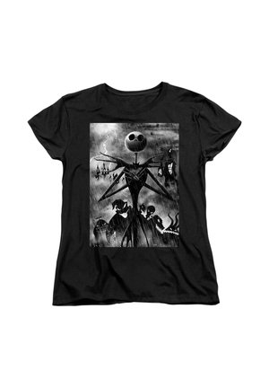 Black t-shirt featuring a monochrome graphic of a skeleton figure with a round head, surrounded by stormy elements and various shadowy characters.