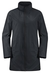 Veste noire imperméable avec col montant, fermeture éclair sur toute la longueur à l'avant et manches longues. Texture lisse, coupe légèrement ample, design arrive aux hanches.