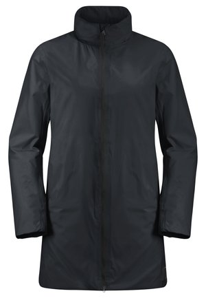 Schwarze wasserdichte Jacke mit hohem Kragen, durchgehendem Reißverschluss und langen Ärmeln. Glatte Textur, leicht lockere Passform, hüftlanges Design.