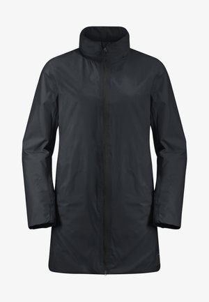 Giacca impermeabile nera con colletto alto, zip frontale completa e maniche lunghe. Texture liscia, vestibilità leggermente ampia, design a lunghezza vita.