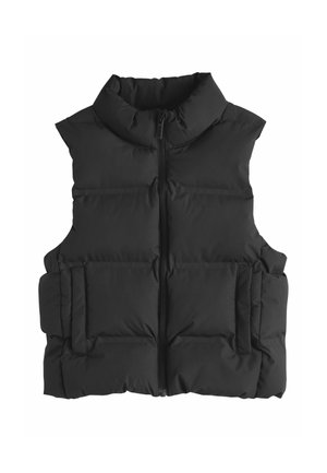 Fekete steppelt mellény magas gallérral, elülső cipzárral és két oldalzsebbel. Vízszintes varrásmintázattal díszített.