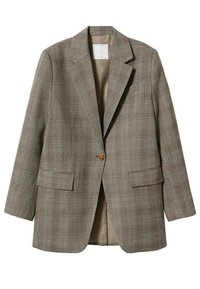 Blazer à carreaux marron avec un col cranté, fermeture à un bouton, et deux poches à l'avant. Intérieur doublé avec un tissu beige.