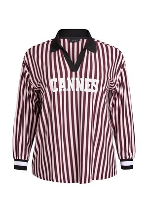 Prúžkovaná dlhá rukávová blúzka v burgundskej a svetloružovej farbe s výstrihom do V a čiernym golierom. Na prednej strane je potlač "CANNES" v bielej farbe.
