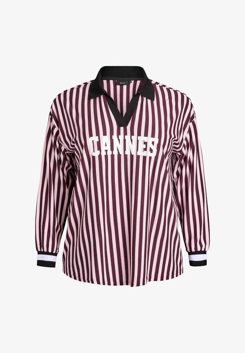 Maglietta a maniche lunghe a righe in bordeaux e rosa chiaro, con scollo a V e colletto nero. Scritta "CANNES" stampata in bianco sulla parte anteriore.