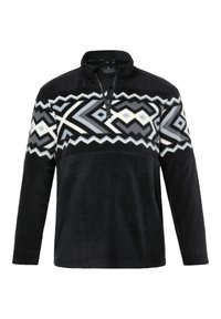 Sudadera de forro polar negra con un cuello de media cremallera, que presenta un patrón geométrico en blanco y gris en el pecho y una textura suave.