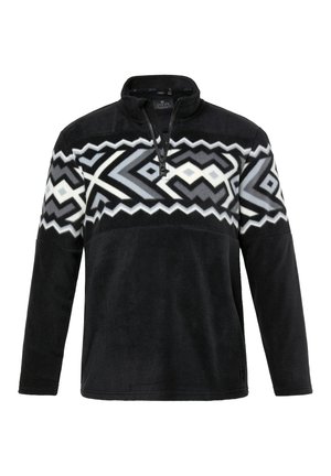 Black fleece pullover with a half-zip collar, featuring a geometric white and gray pattern across the chest and smooth texture.