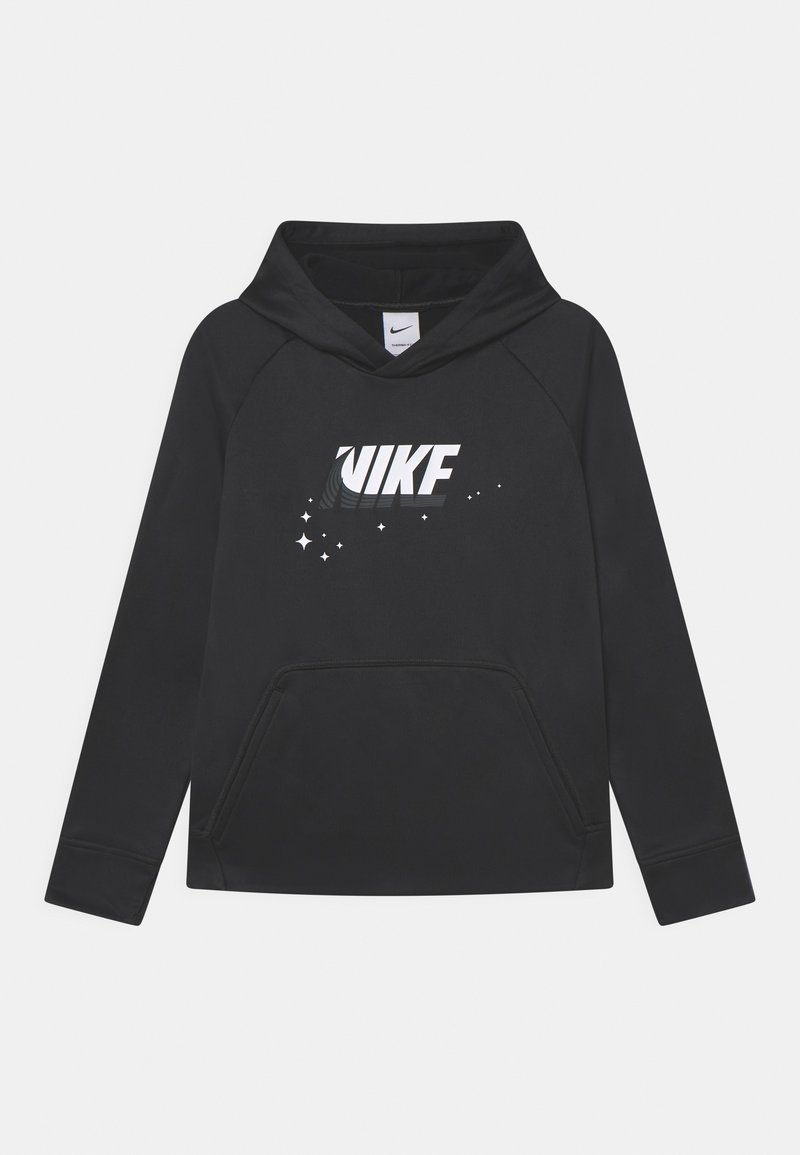 Czarna bluza z kapturem z białym logo Nike o gradientowym wzorze. Miękka tkanina, przednia kieszeń kangurza i ściągacze przy mankietach.