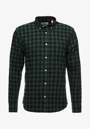 Grün und schwarz kariertes Flanellhemd mit Button-Down-Kragen, Holzknöpfen und einer kleinen Brusttasche. Weiche Stoffstruktur.