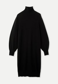 Svart poloklänning av mjukt tyg; har långa ballongärmar och ribbade mudd; knälång med avslappnad passform.