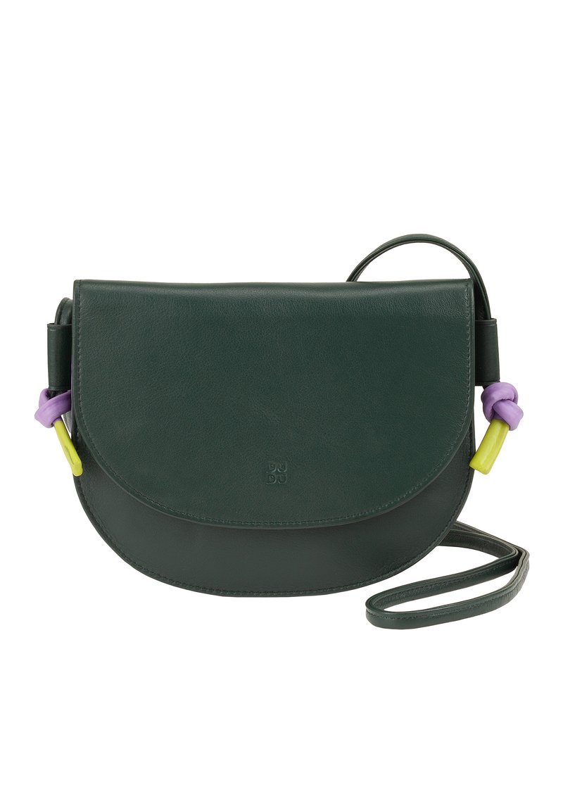 Borsa a tracolla in pelle verde con pattina rotonda, accenti a nodo viola e giallo sulle cinghie, texture liscia e logo in rilievo sul davanti.