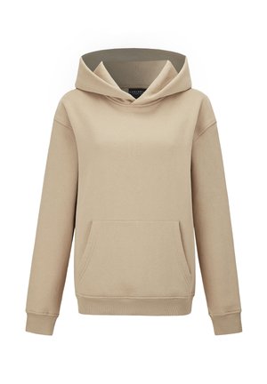Beige hoodie van zachte stof, met een voorvak en geribbelde manchetten. Eenvoudig ontwerp met een ontspannen pasvorm.