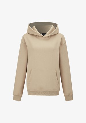 Felpa beige con cappuccio realizzata in tessuto morbido, con tasca frontale e polsini a costine. Design semplice con vestibilità comoda.