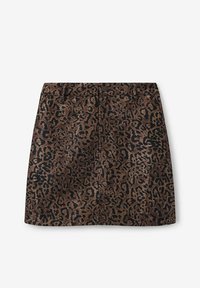Jupe léopard en teintes de marron et noir, avec une fermeture à boutons sur le devant, une ceinture et une forme structurée. Texture lisse.