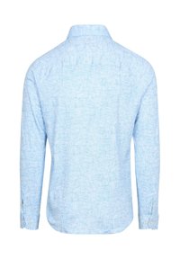 Lichtblauw shirt met lange mouwen van gewatteerde stof, met een standaard kraag, knopenmansjetten en een afgeronde zoom.