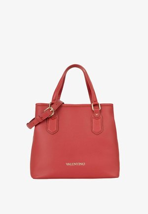 Sac à main en cuir Red Valentino avec deux poignées, une bandoulière réglable et un logo doré au centre avant.