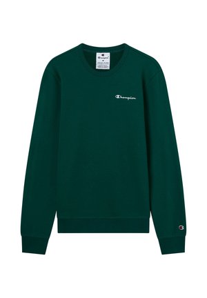 Ciemnozielona bluza z bawełny, z długimi rękawami, ściągaczami przy mankietach oraz małym białym logo "Champion" na klatce piersiowej. Klasyczny design z okrągłym dekoltem.