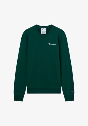 Donkergroen sweatshirt van katoen met lange mouwen, geribbelde manchetten en een klein wit "Champion" logo op de borst. Klassiek crewneck ontwerp.