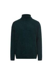 Dunkelgrüner Rollkragenpullover aus einem weichen Strickstoff. Verfügt über lange Ärmel und gerippte Bündchen sowie einen lockeren Schnitt.