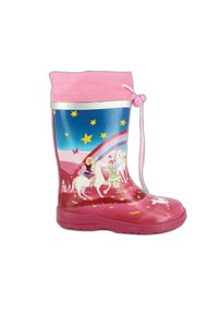 Roze rubberen regenlaars met een blauw en roze eenhoornontwerp, voorzien van feeën en sterren. Inclusief een trekkoord bovenaan voor een stevige pasvorm.