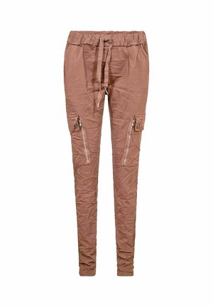 Smeđe, lagane hlače za trčanje s vezicom u struku, suženim nogavicama i džepovima sa strane na patentne zatvarače. Tkanina s teksturom.