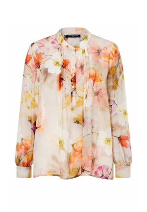 Blouse à manches longues avec motif floral doux en pêche, blanc et jaune, col mandarin, patte de boutonnage et détail plissé à l'avant.