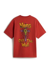 Rød bomulds-grafik t-shirt med et kranie- og edderkoppespind-design på ryggen, med "Vans Off The Wall" tekst i gul og pink.