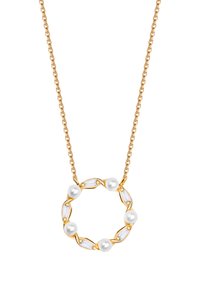 Złoty naszyjnik z łańcuszkiem z okrągłym wisiorkiem, z naprzemiennie umieszczonymi perłami i wydłużonymi białymi koralikami. Gładkie, błyszczące wykończenie.