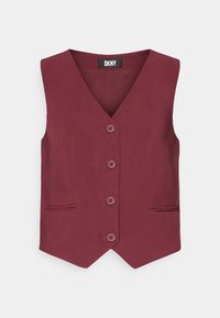 Bordeauxfarbene Weste mit V-Ausschnitt, fünf Knöpfen und zwei Fronttaschen. Hergestellt aus einem strukturierten Stoff, mit taillierter Passform und glattem Finish.