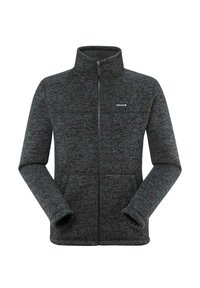 Giacca in pile nera e grigia con zip, colletto alto, maniche lunghe e doppie tasche frontali. Presenta una leggera texture melangiata e un logo.