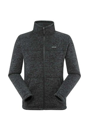 Veste zippée en polaire noir et gris avec un col haut, des manches longues et deux poches avant. Présente une texture légèrement chinée et un logo.