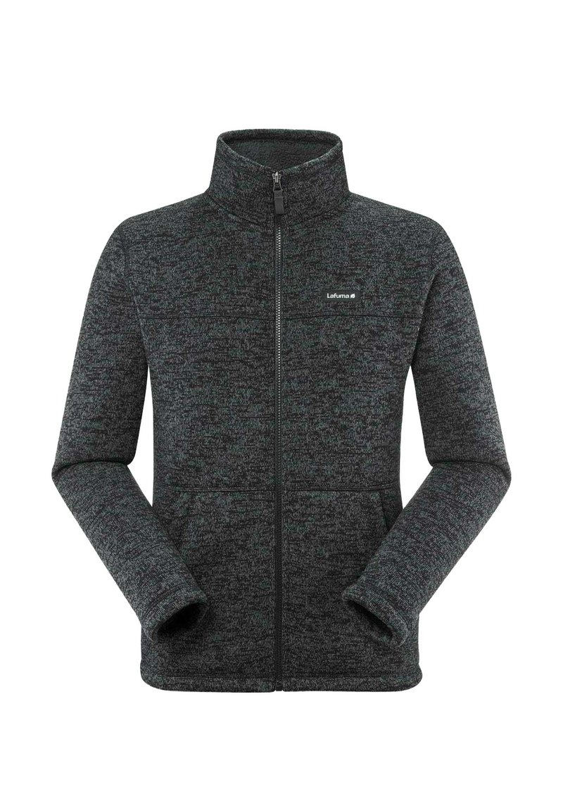 Giacca in pile nera e grigia con zip, colletto alto, maniche lunghe e doppie tasche frontali. Presenta una leggera texture melangiata e un logo.