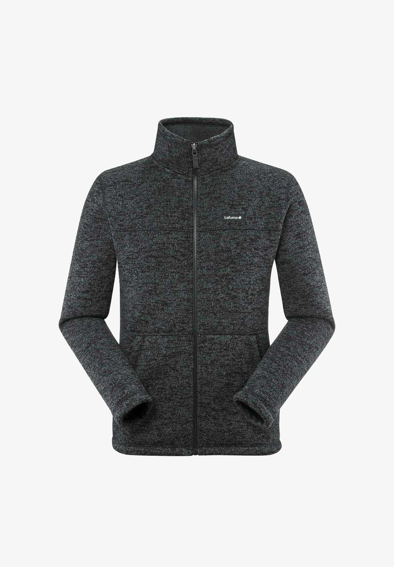 Veste zippée en polaire noir et gris avec un col haut, des manches longues et deux poches avant. Présente une texture légèrement chinée et un logo.
