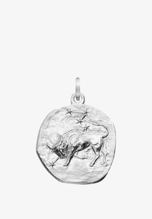 Silver pendant with embossed bull and Taurus constellation stars, round irregular shape, attached loop at the top for a chain.