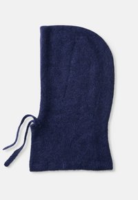 Navy blue wool balaclava with a soft, textured finish, featuring a rounded top and ties for secure fit.