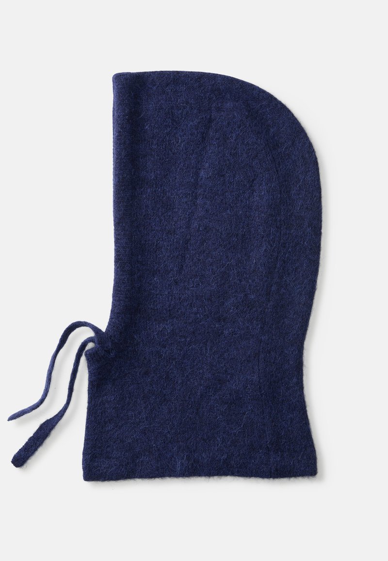 Navy blue wool balaclava with a soft, textured finish, featuring a rounded top and ties for secure fit.