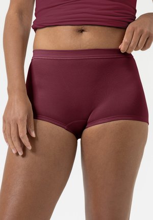 Bordeaux hoge taille shorts van gladde stof, met een naadloos ontwerp en een brede tailleband voor comfort.