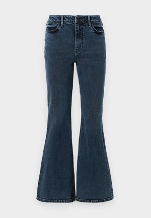 Sötétkék farmer flared farmernadrág magas derekú fazonnal, két elöl elhelyezkedő zsebbel, látható varrással és széles lábszárral az alján.